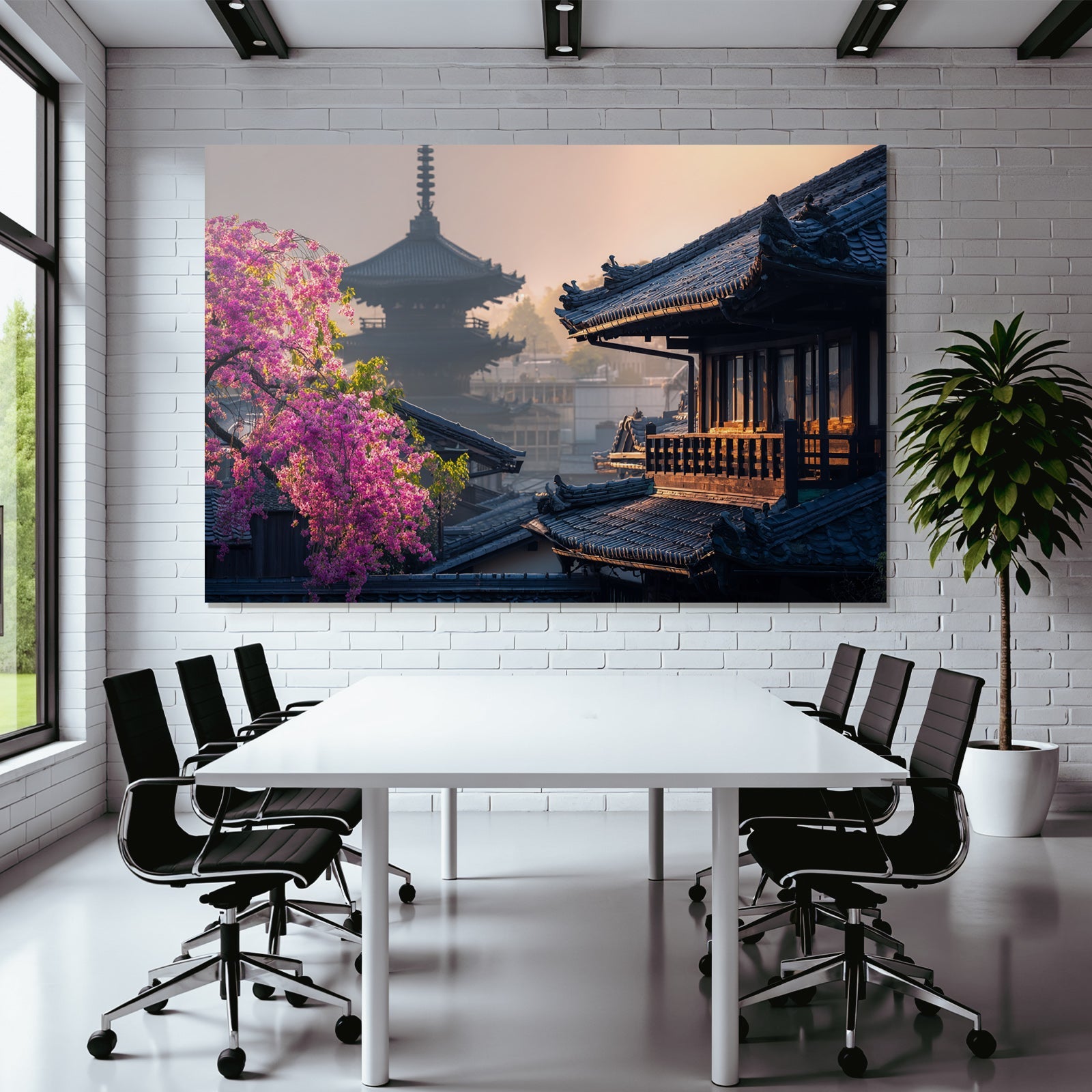 Stille Ostasiatische Landschaft Mit Traditioneller Pagode Und Rosa Blütenbäumen