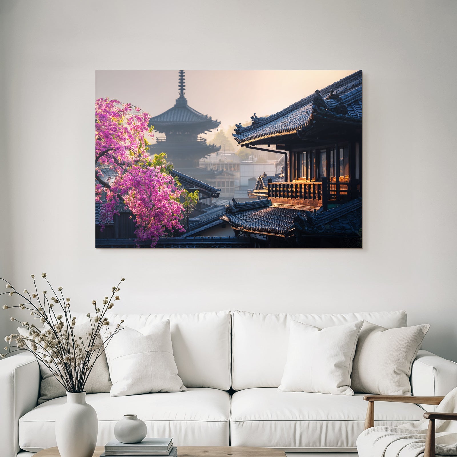 Stille Ostasiatische Landschaft Mit Traditioneller Pagode Und Rosa Blütenbäumen