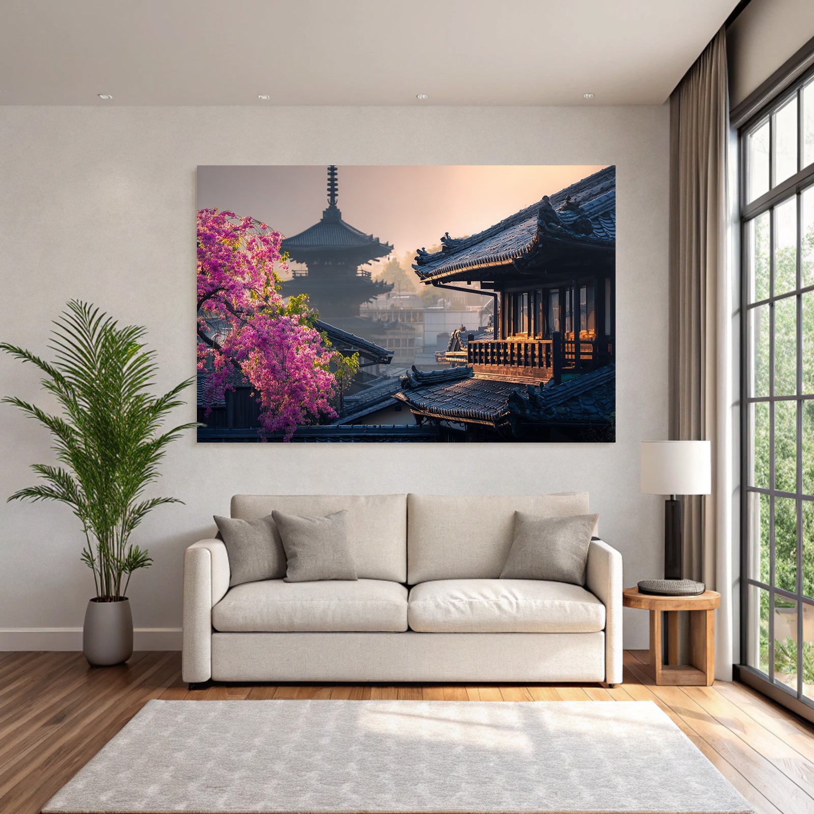 Stille Ostasiatische Landschaft Mit Traditioneller Pagode Und Rosa Blütenbäumen