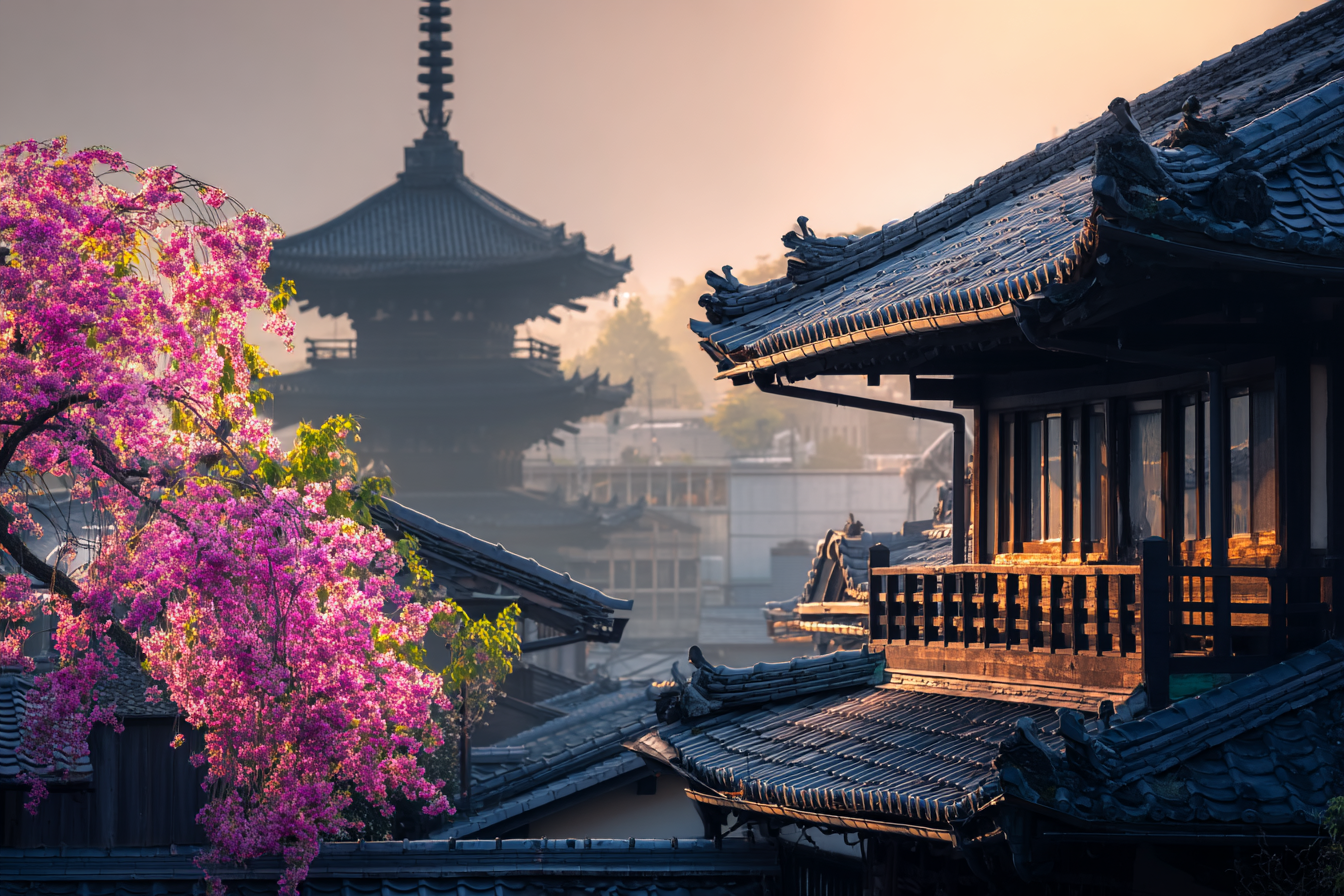 Stille Ostasiatische Landschaft Mit Traditioneller Pagode Und Rosa Blütenbäumen | Asien | Laender und Reisen