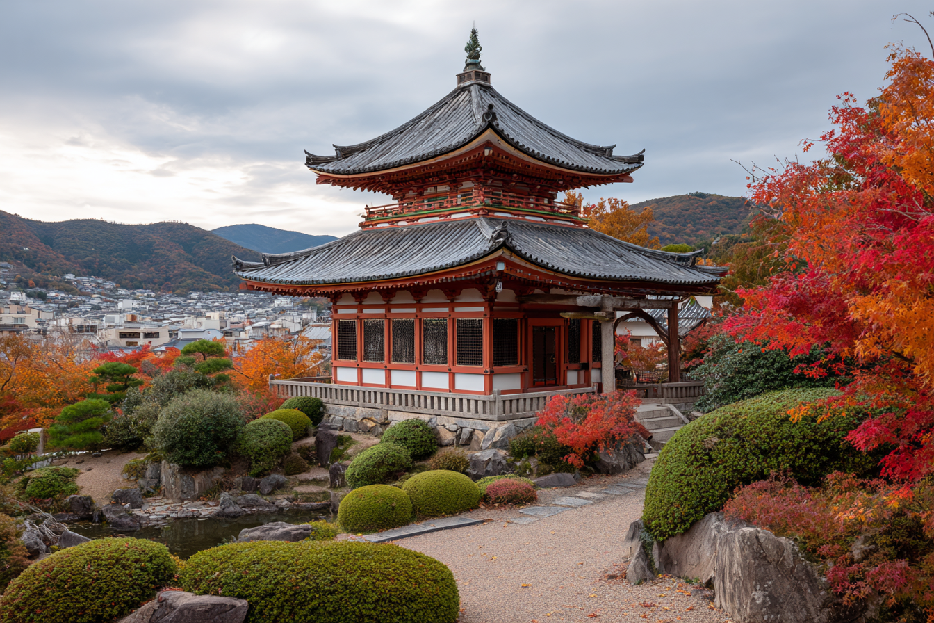 Traditionelle Japanische Pagode Im Herbstgarten Mit Bergkulisse Und Wohnviertel Im Hintergrund | Asien | Laender und Reisen