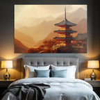 Traditional pagoda in autumn mountain landscape at sunrise