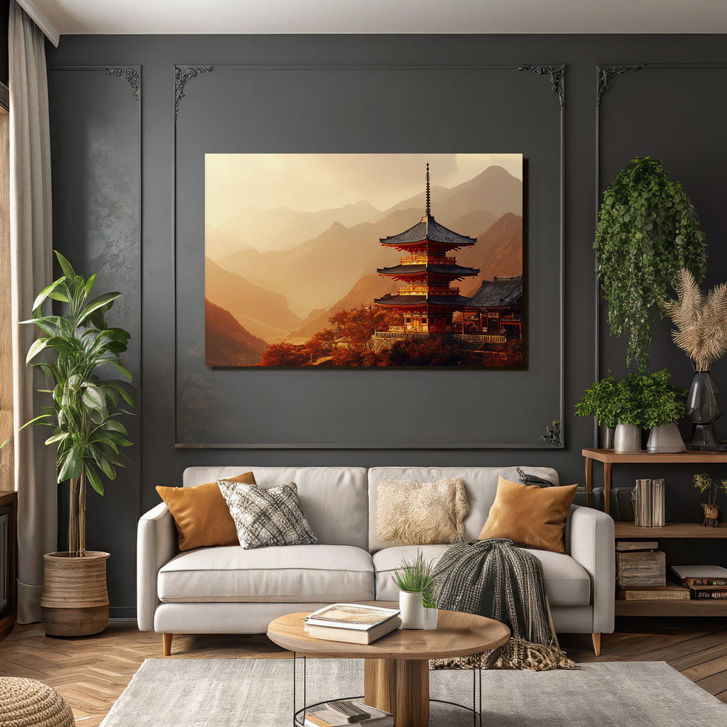 Traditional pagoda in autumn mountain landscape at sunrise