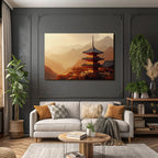 Traditional pagoda in autumn mountain landscape at sunrise