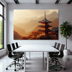 Traditional pagoda in autumn mountain landscape at sunrise