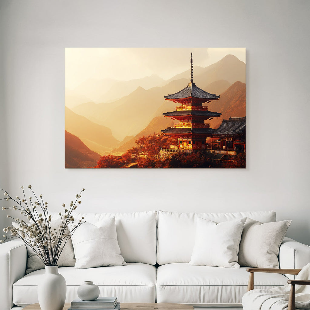 Traditional pagoda in autumn mountain landscape at sunrise