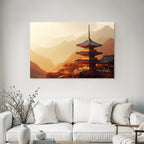 Traditional pagoda in autumn mountain landscape at sunrise