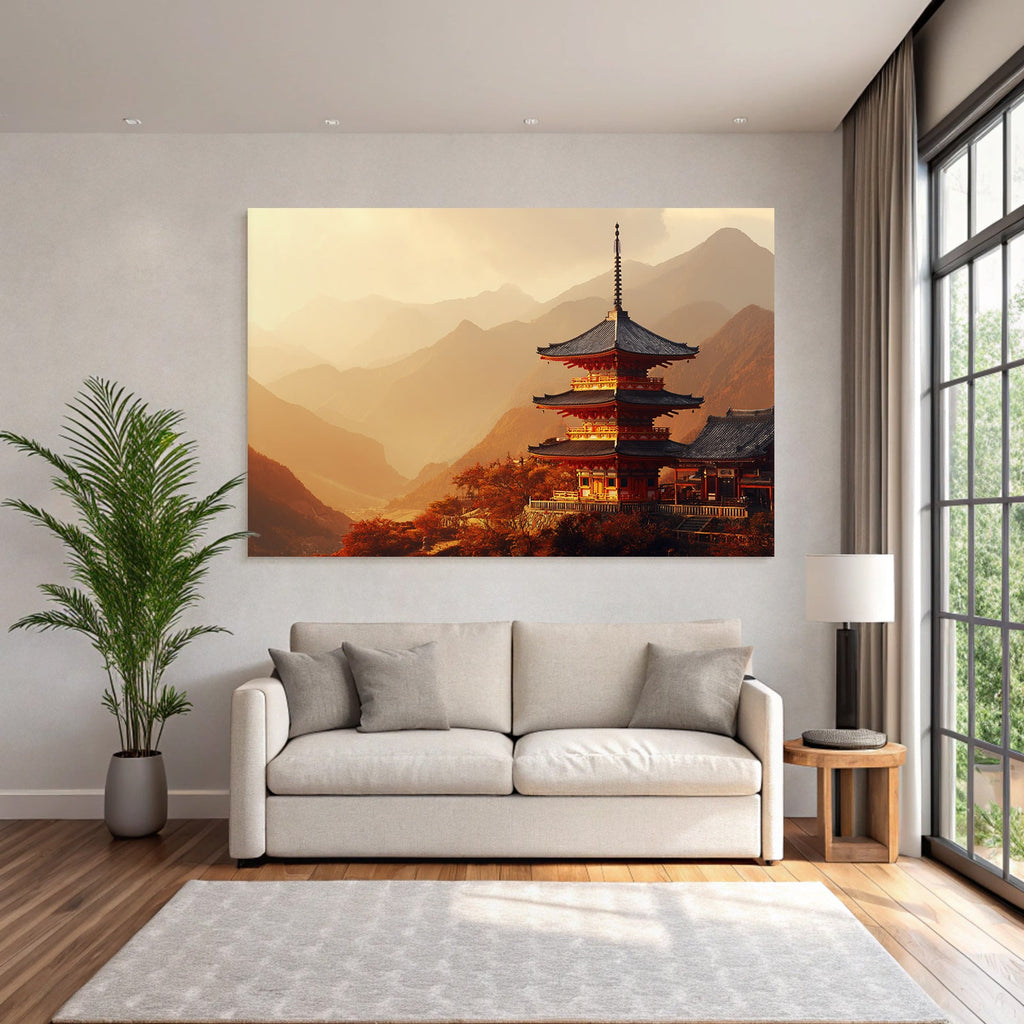 Traditional pagoda in autumn mountain landscape at sunrise