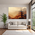 Traditional pagoda in autumn mountain landscape at sunrise