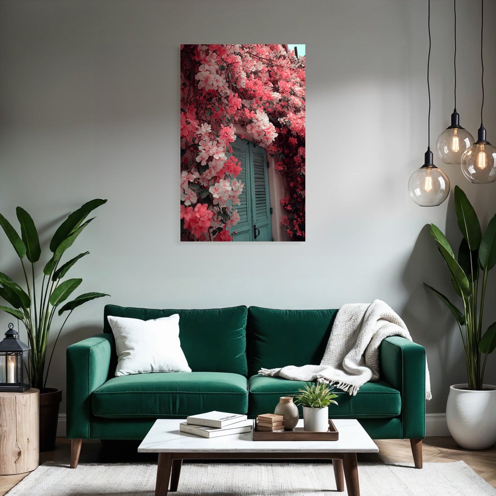 Bunte Blumen Kaskade An Türkis Ladenfenstern