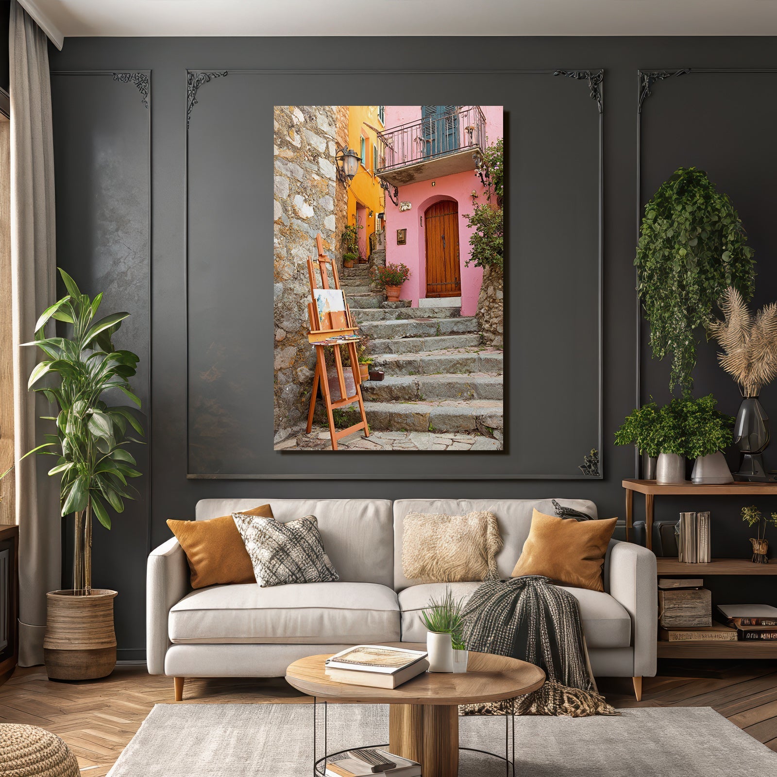 Bunte Gassenansicht Mit Treppe Zur Rosa Tür Und Künstlerstaffelei