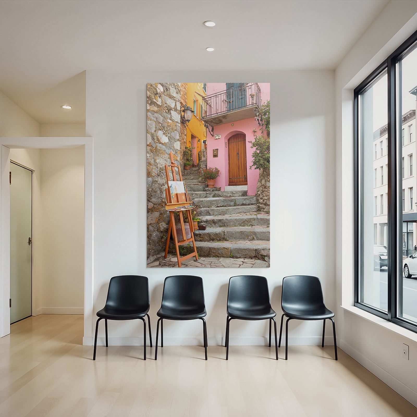 Bunte Gassenansicht Mit Treppe Zur Rosa Tür Und Künstlerstaffelei
