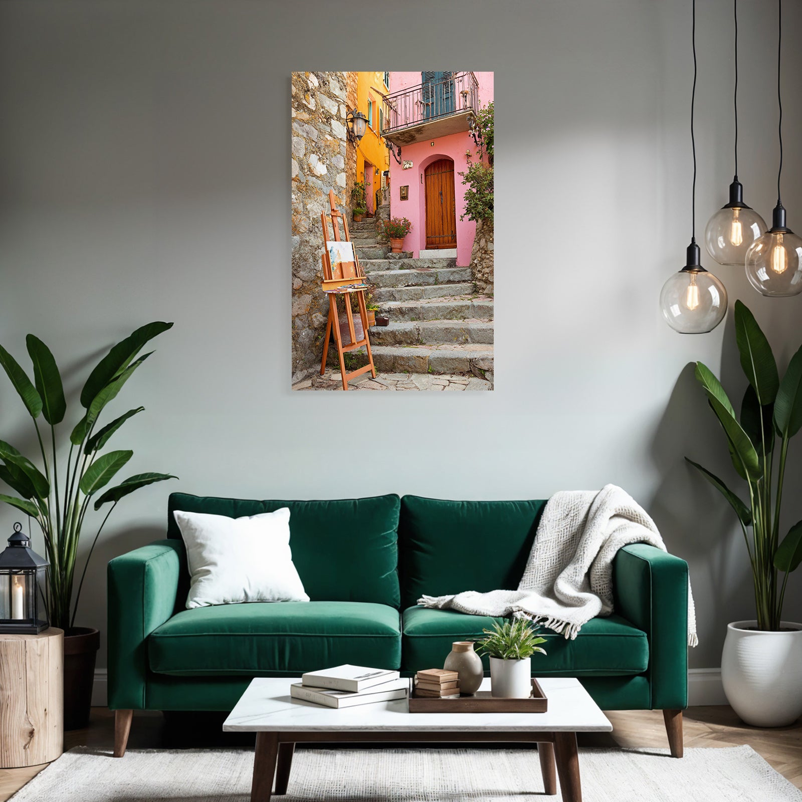 Bunte Gassenansicht Mit Treppe Zur Rosa Tür Und Künstlerstaffelei
