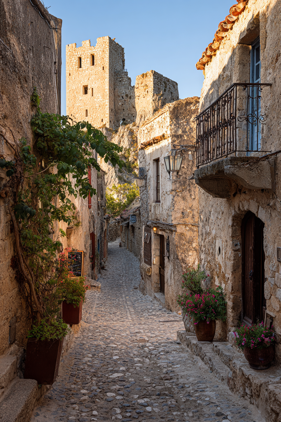 Charmante Schmale Kopfsteinpflastergasse In Einem Historischen Dorf Mit Steinturm Und Blumen | Europa | Laender und Reisen