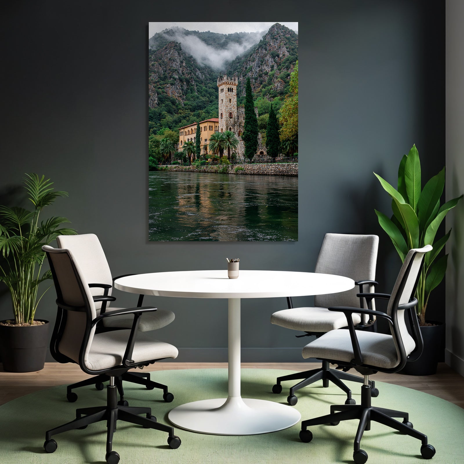 Malereisches Gebäude Am Wasser Mit Turm Palmen Und Bergkulisse