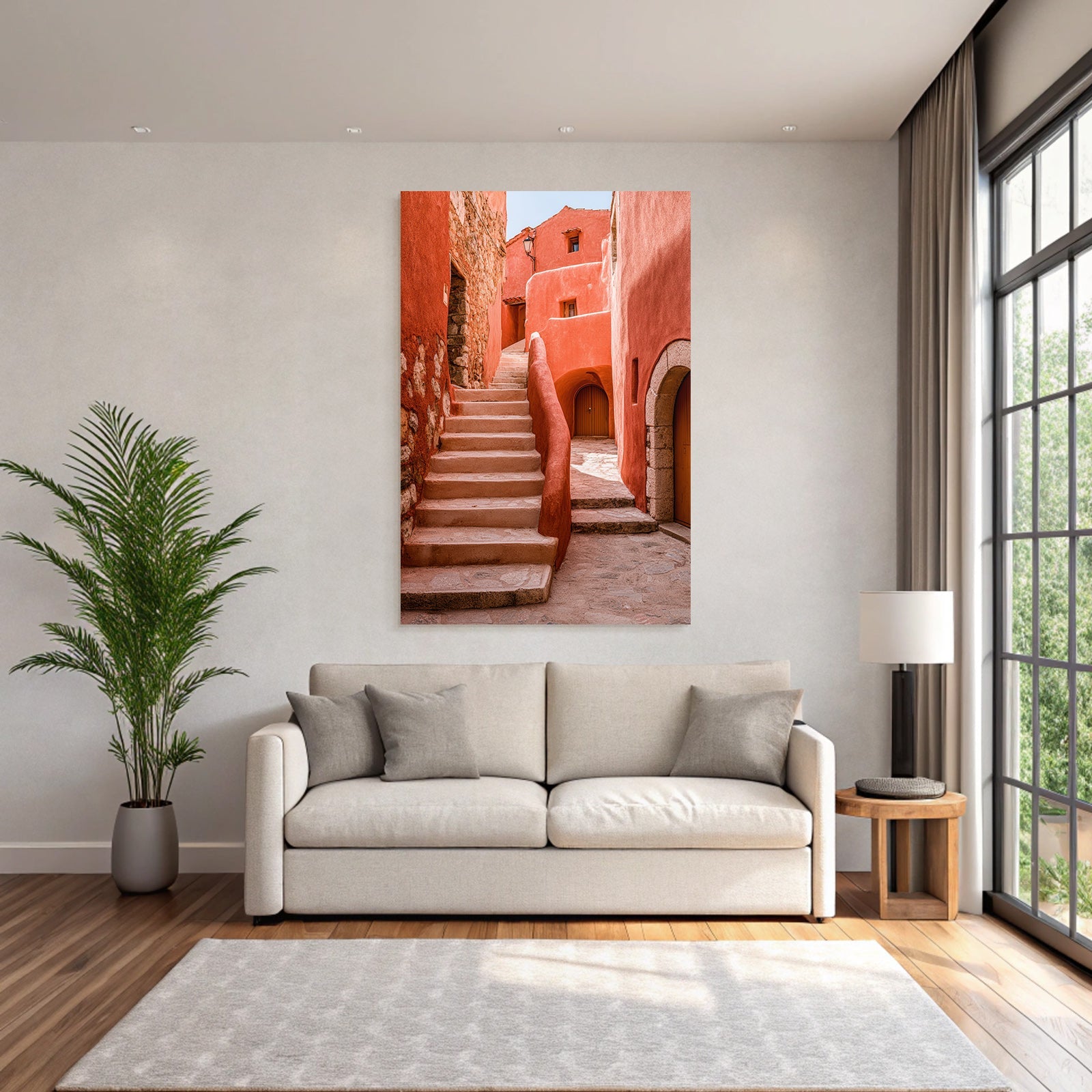 Mediterrane Gasse Mit Orangenen Wänden Und Steintreppe