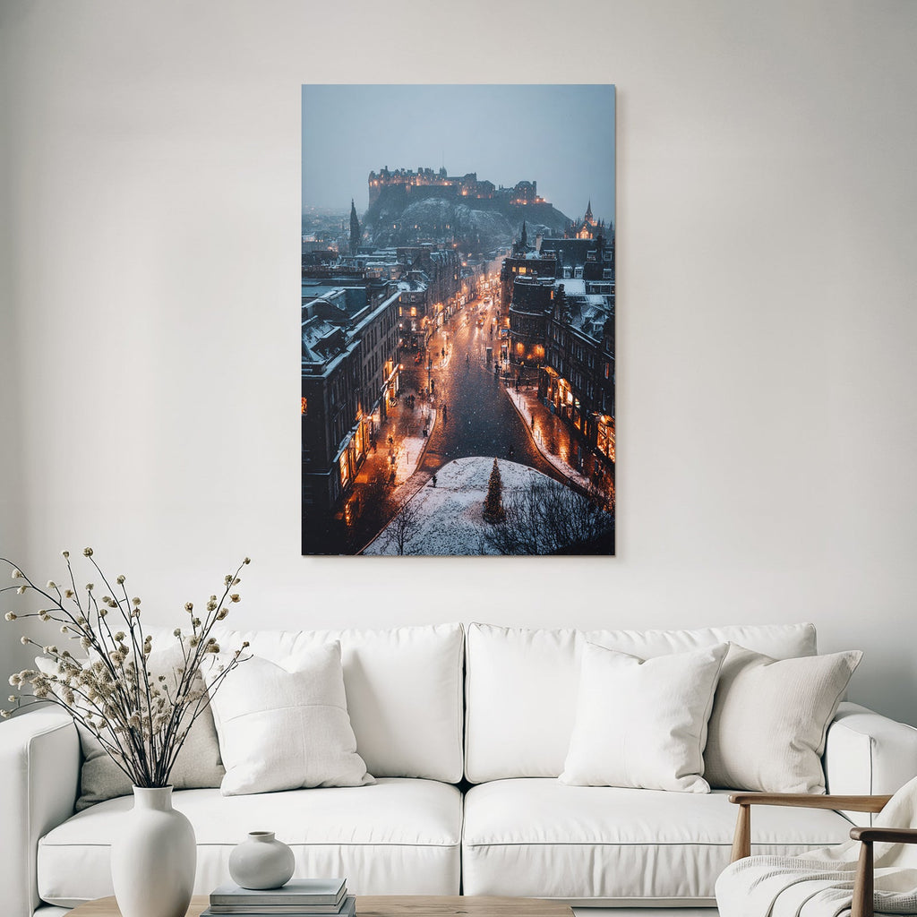 Winterabend In Der Altstadt Mit Burg Und Schneefall