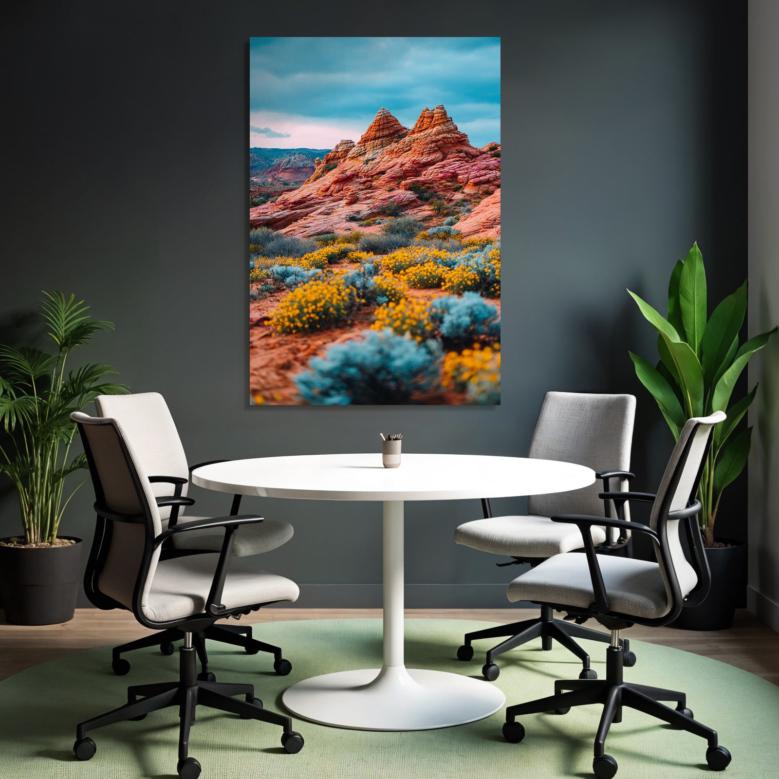 Wunderschöne Wüstenlandschaft Mit Felsformationen Und Gelben Blumen