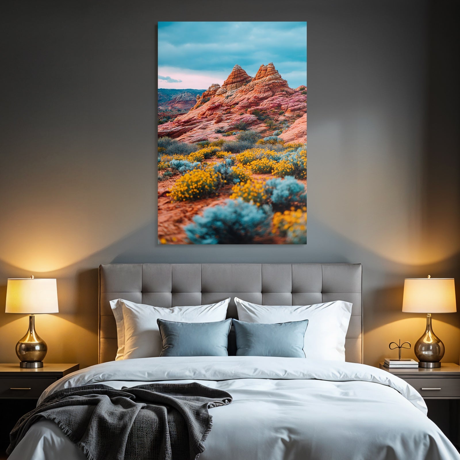 Wunderschöne Wüstenlandschaft Mit Felsformationen Und Gelben Blumen