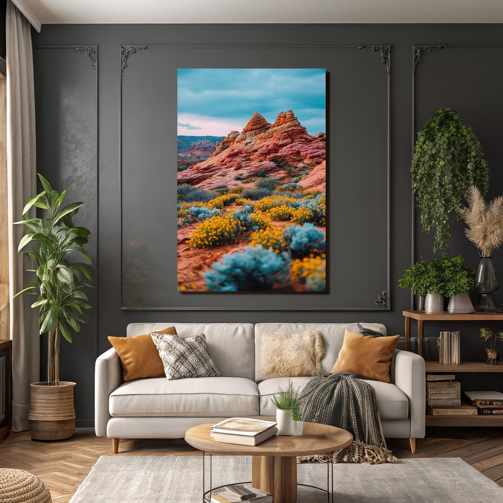 Wunderschöne Wüstenlandschaft Mit Felsformationen Und Gelben Blumen