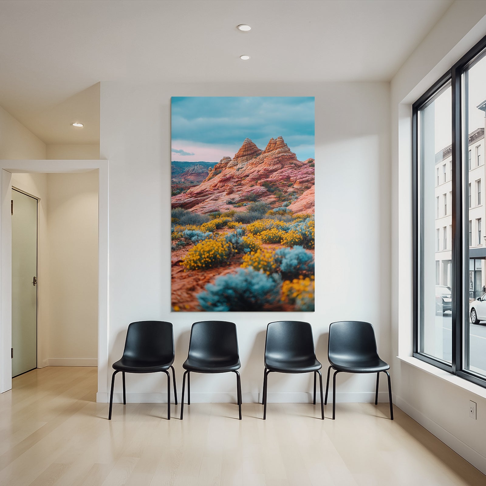 Wunderschöne Wüstenlandschaft Mit Felsformationen Und Gelben Blumen