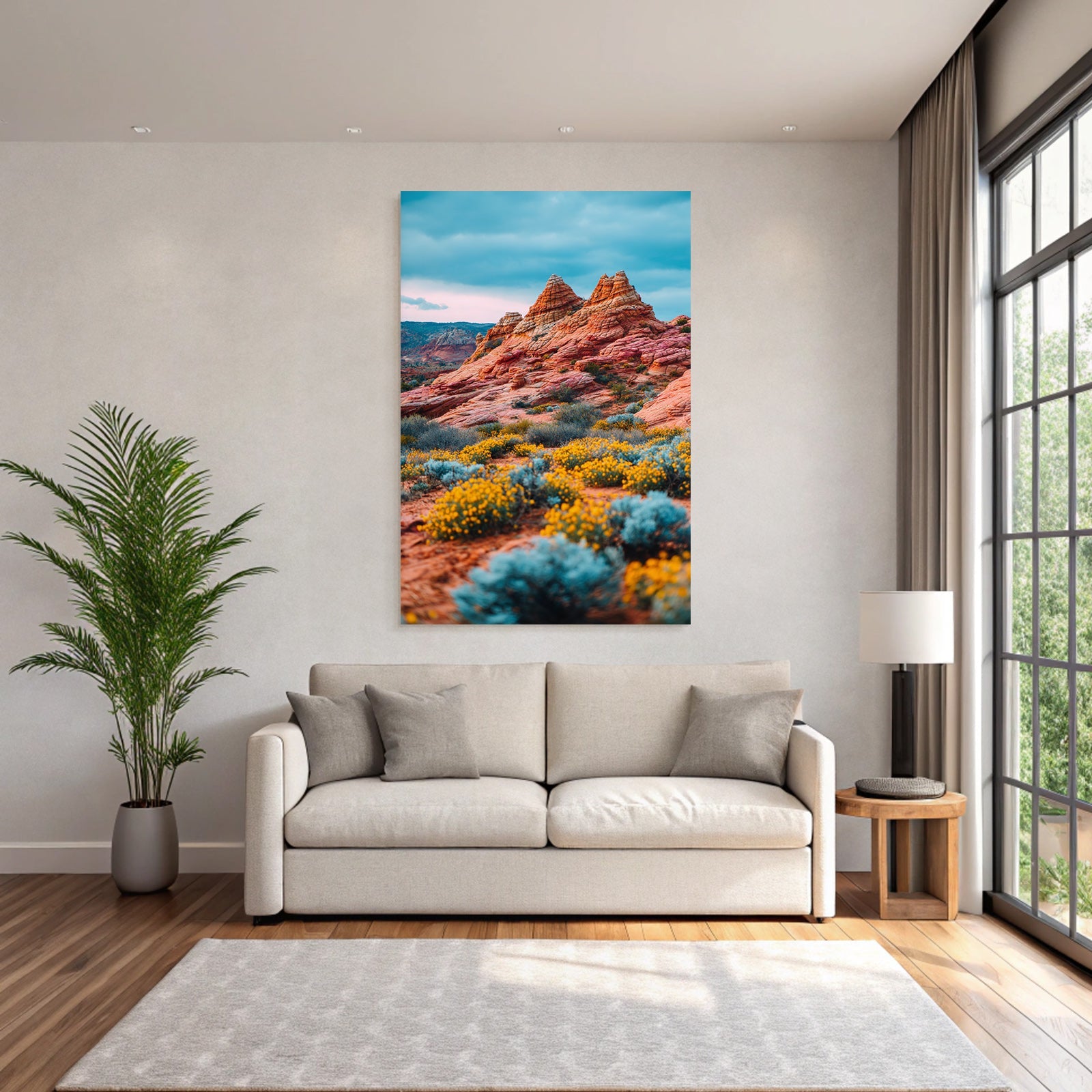 Wunderschöne Wüstenlandschaft Mit Felsformationen Und Gelben Blumen