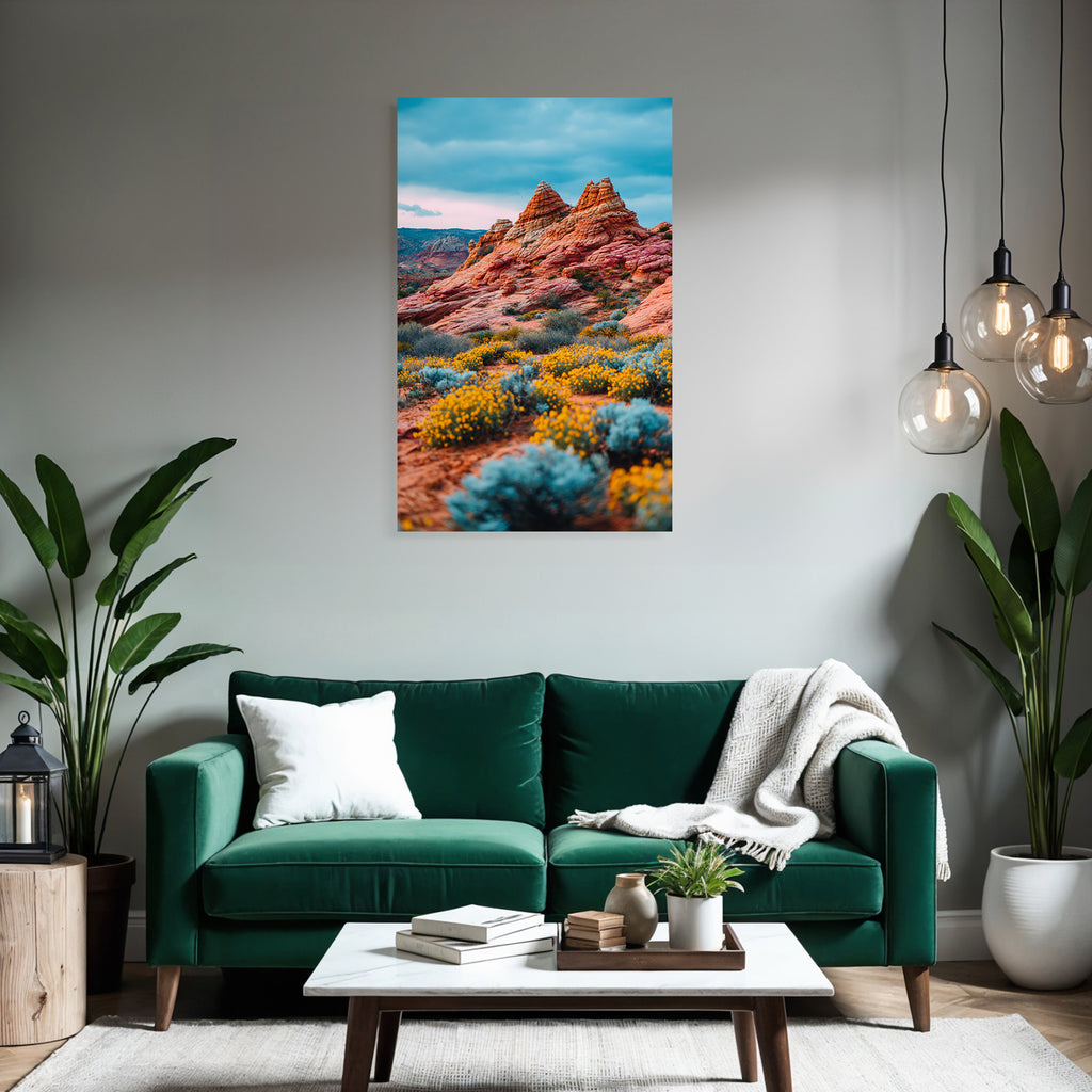 Wunderschöne Wüstenlandschaft Mit Felsformationen Und Gelben Blumen