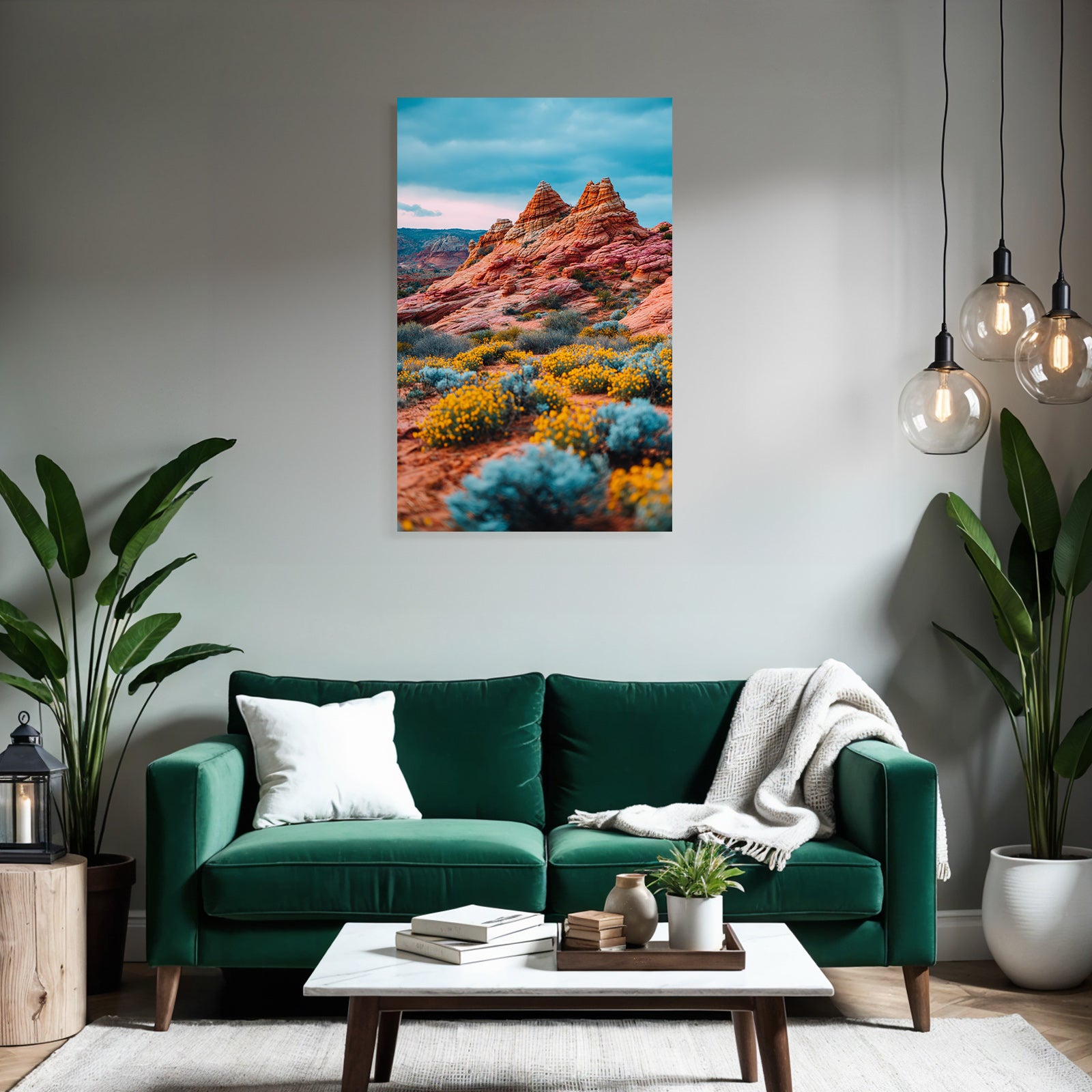 Wunderschöne Wüstenlandschaft Mit Felsformationen Und Gelben Blumen