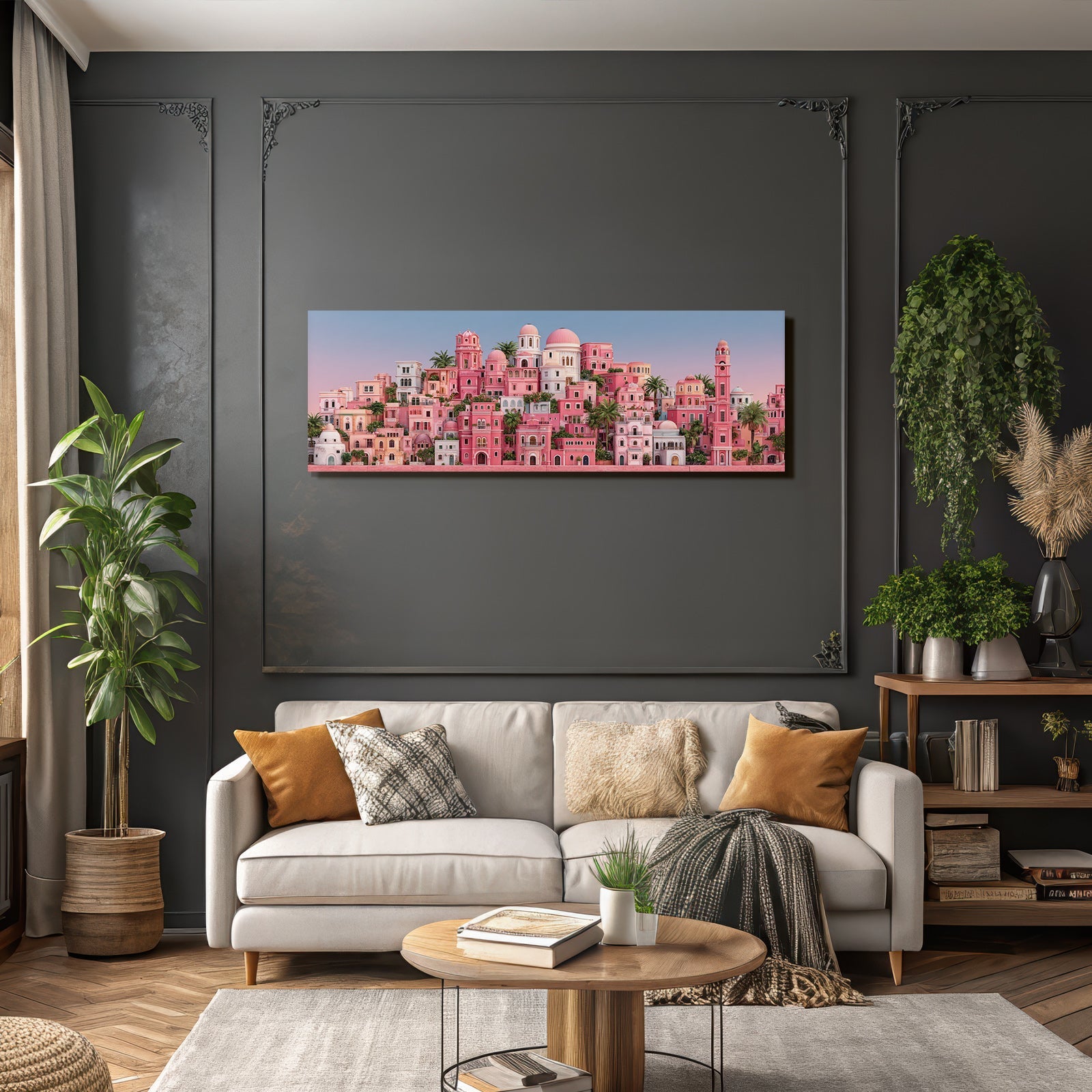 Rosafarbene Stadtlandschaft Mit Kuppeln Türmen Und Palmen