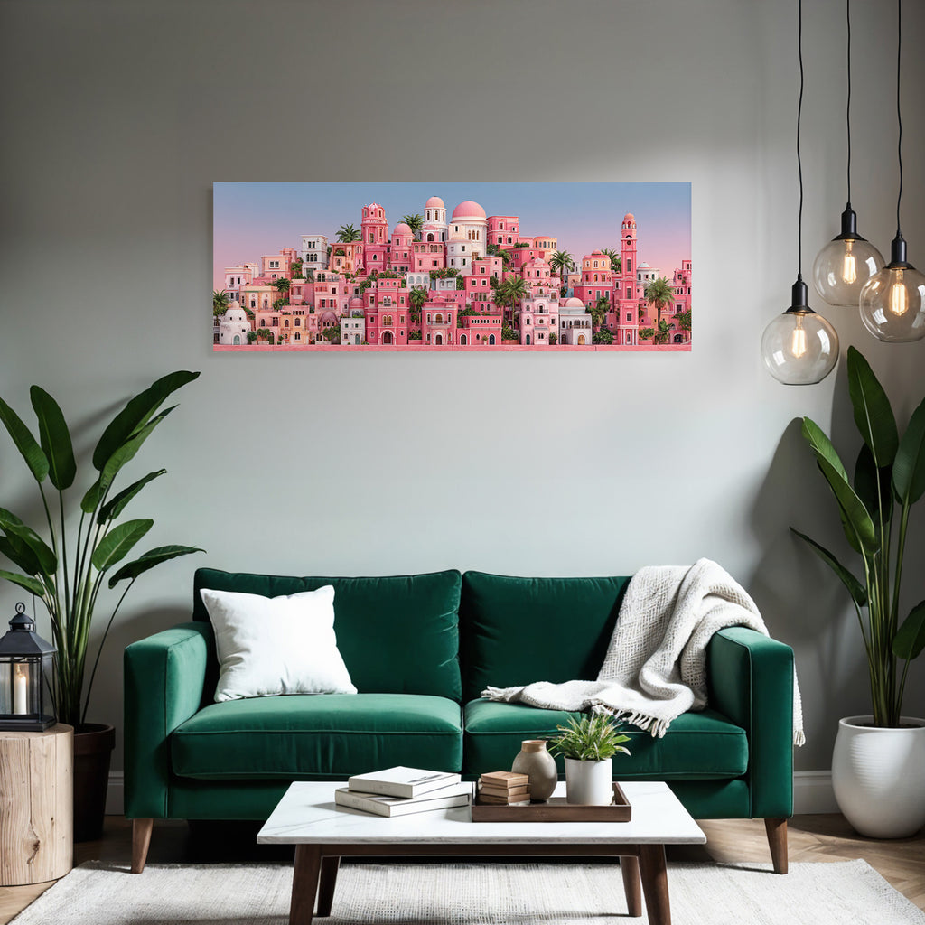 Rosafarbene Stadtlandschaft Mit Kuppeln Türmen Und Palmen