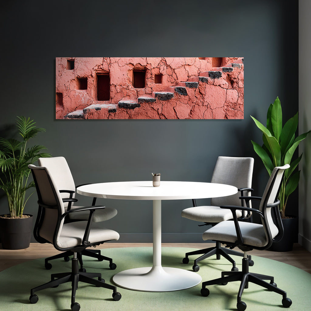 Texturierte Rosa Wand Mit Quadratischen Öffnungen Und Treppe
