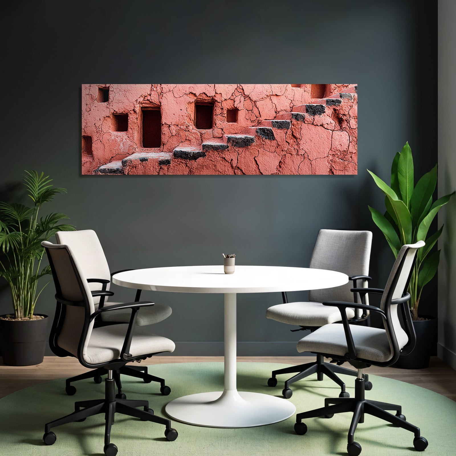 Texturierte Rosa Wand Mit Quadratischen Öffnungen Und Treppe