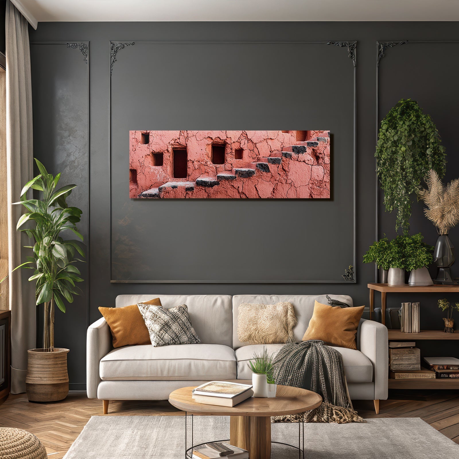 Texturierte Rosa Wand Mit Quadratischen Öffnungen Und Treppe