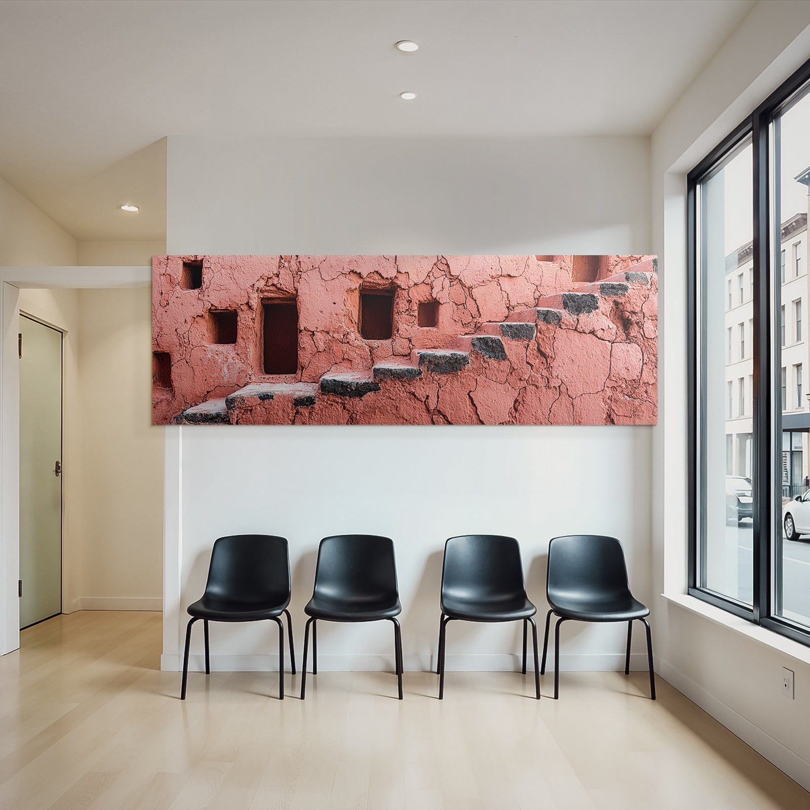 Texturierte Rosa Wand Mit Quadratischen Öffnungen Und Treppe