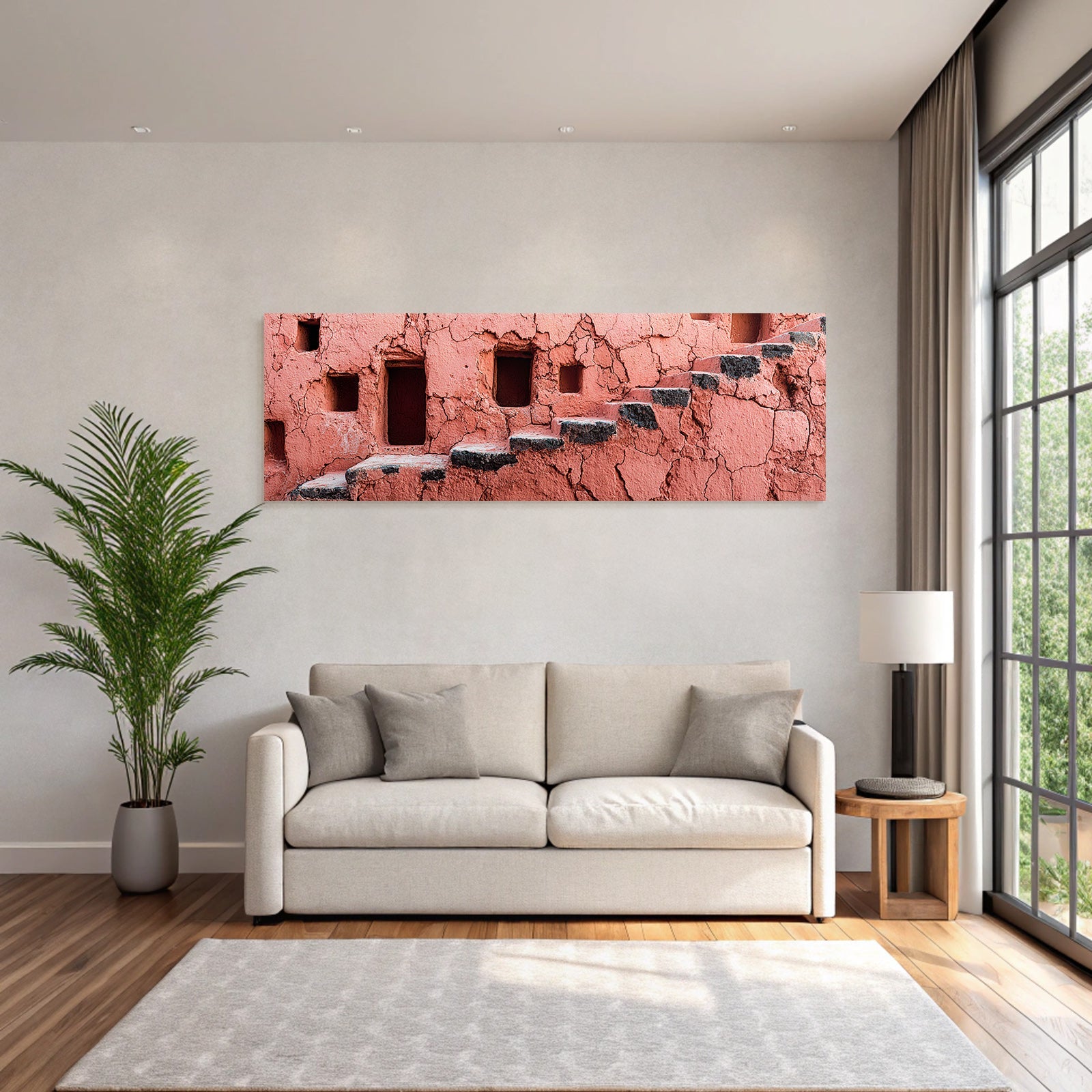 Texturierte Rosa Wand Mit Quadratischen Öffnungen Und Treppe