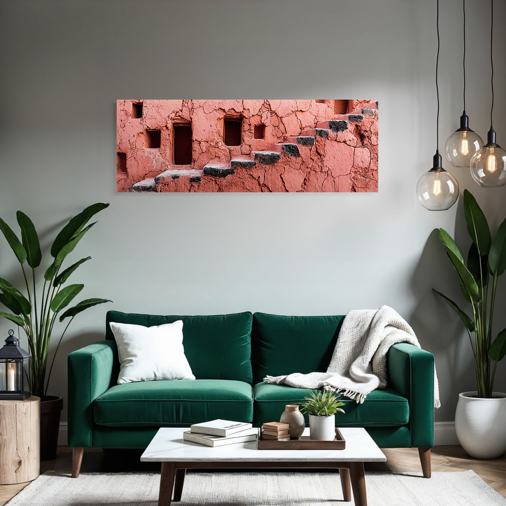 Texturierte Rosa Wand Mit Quadratischen Öffnungen Und Treppe