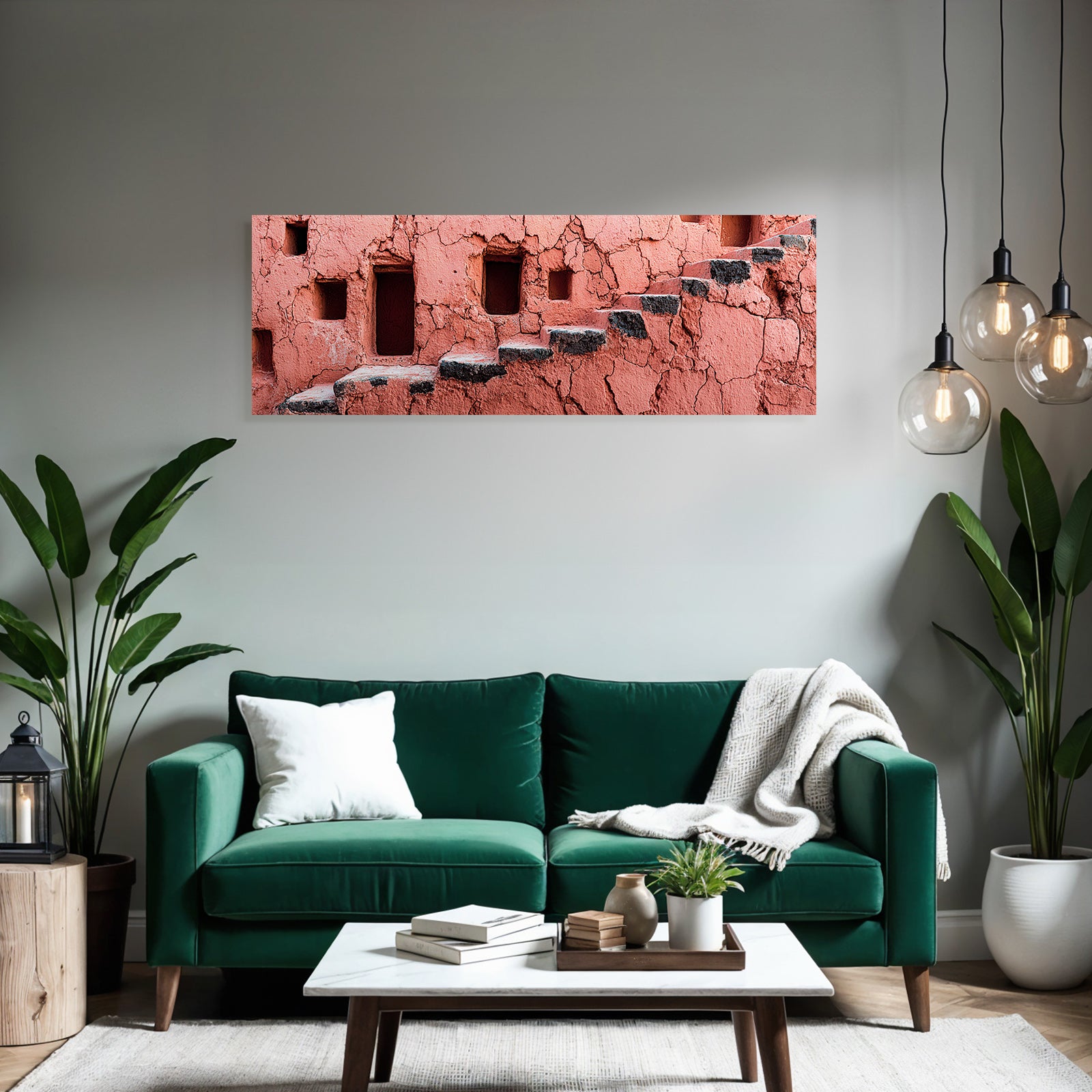 Texturierte Rosa Wand Mit Quadratischen Öffnungen Und Treppe