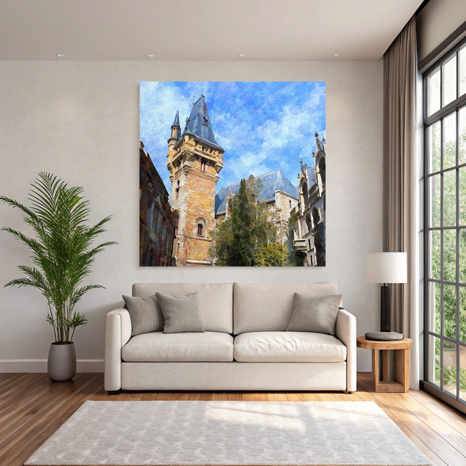 Stilisierte Burg Mit Türmen Spitzen Dächern Am Blaün Himmel Und Grünen Bäumen