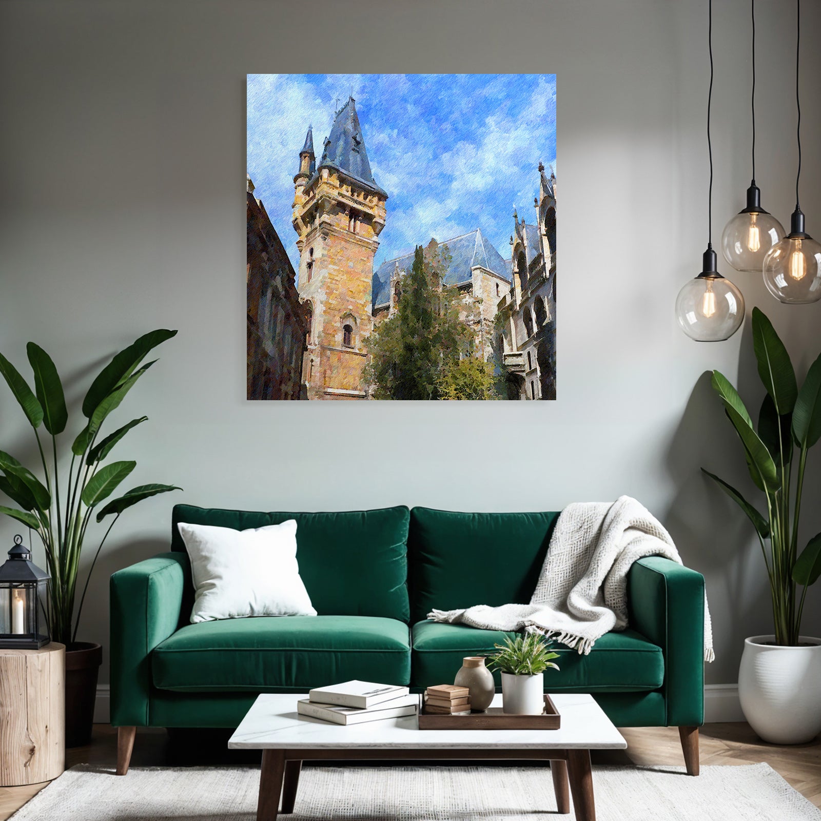 Stilisierte Burg Mit Türmen Spitzen Dächern Am Blaün Himmel Und Grünen Bäumen