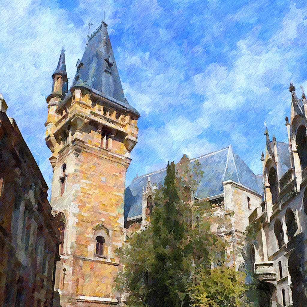 Stilisierte Burg Mit Türmen Spitzen Dächern Am Blaün Himmel Und Grünen Bäumen | Europa | Laender und Reisen