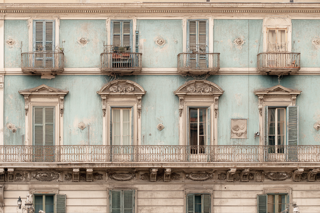 Historische Fassade Mit Wetterblaüm Anstrich Und Verzierten Balkonen | Europa | Laender und Reisen