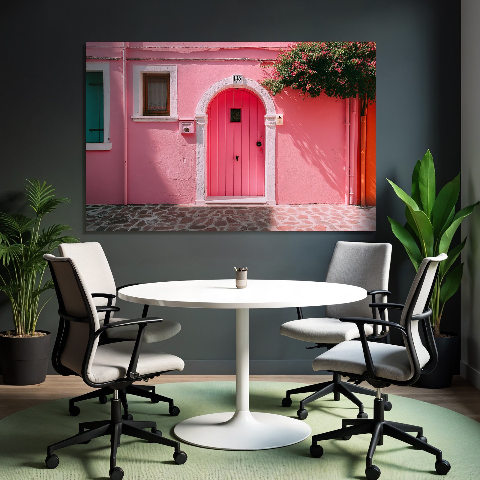 Lebendige Pinke Tür Architektur Mit Blaün Laden Oranger Wand Und Grüner Pflanze