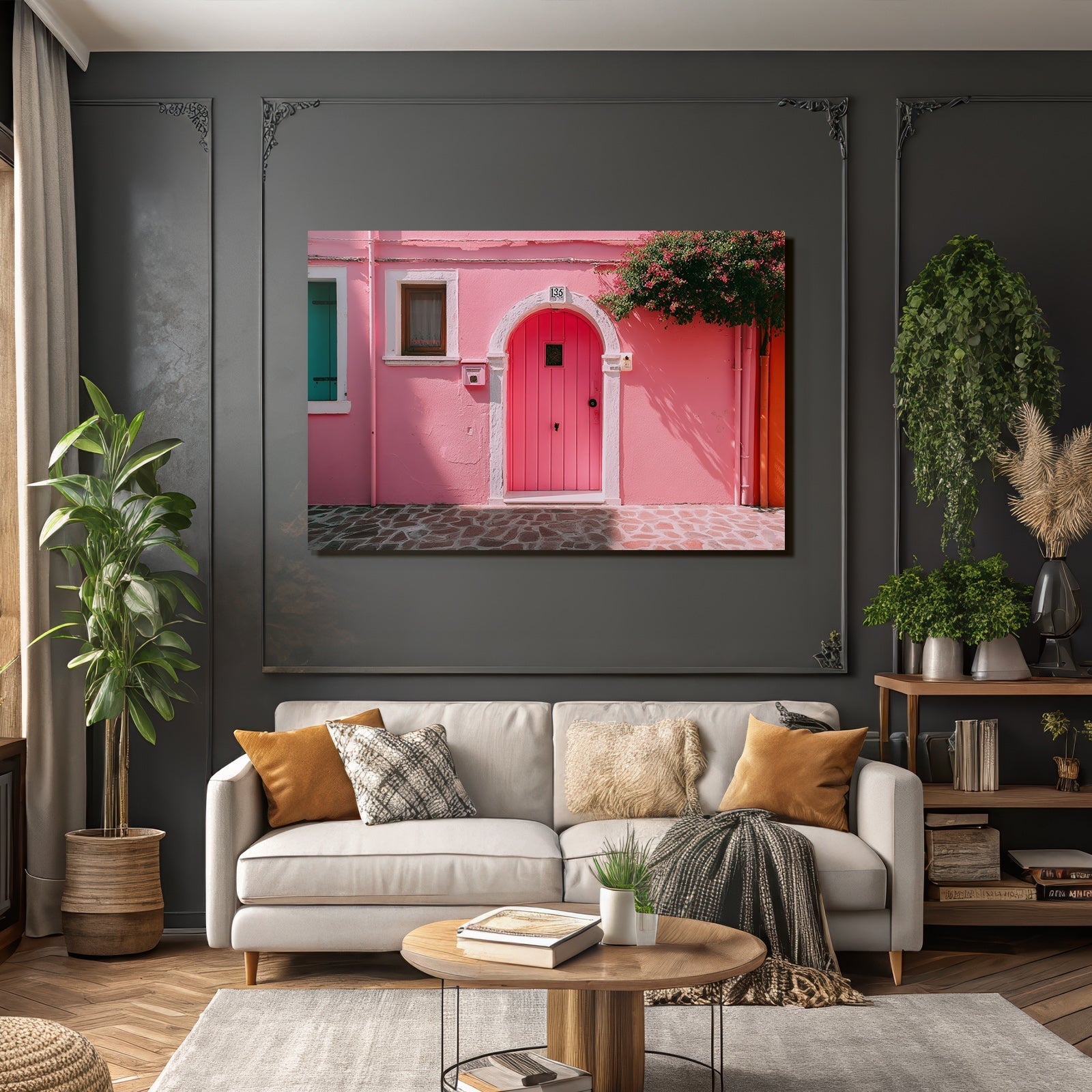 Lebendige Pinke Tür Architektur Mit Blaün Laden Oranger Wand Und Grüner Pflanze