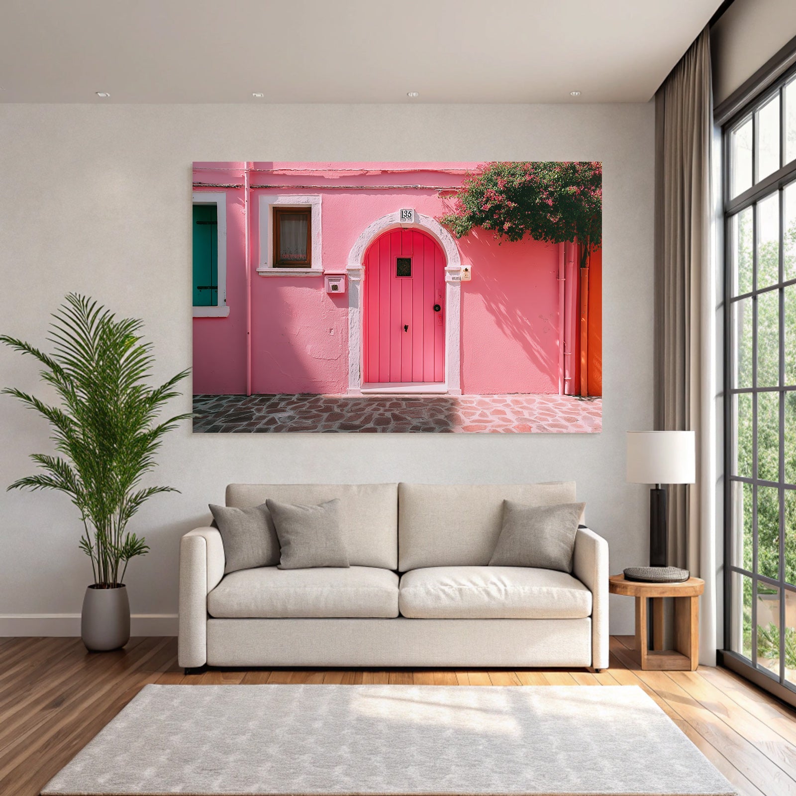 Lebendige Pinke Tür Architektur Mit Blaün Laden Oranger Wand Und Grüner Pflanze