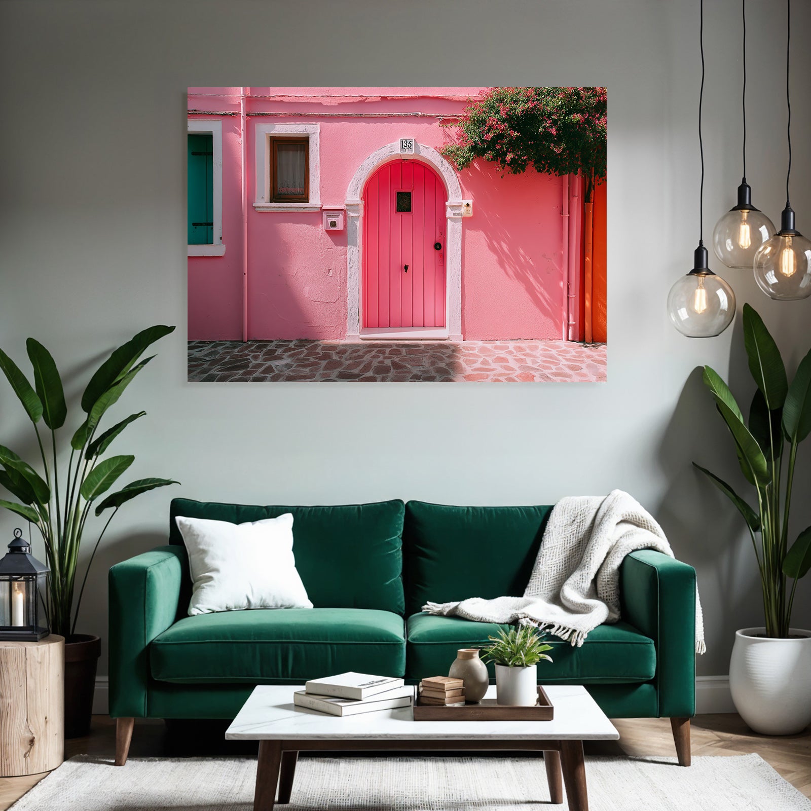 Lebendige Pinke Tür Architektur Mit Blaün Laden Oranger Wand Und Grüner Pflanze