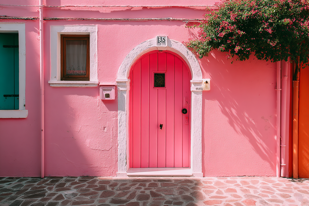 Lebendige Pinke Tür Architektur Mit Blaün Laden Oranger Wand Und Grüner Pflanze | Europa | Laender und Reisen