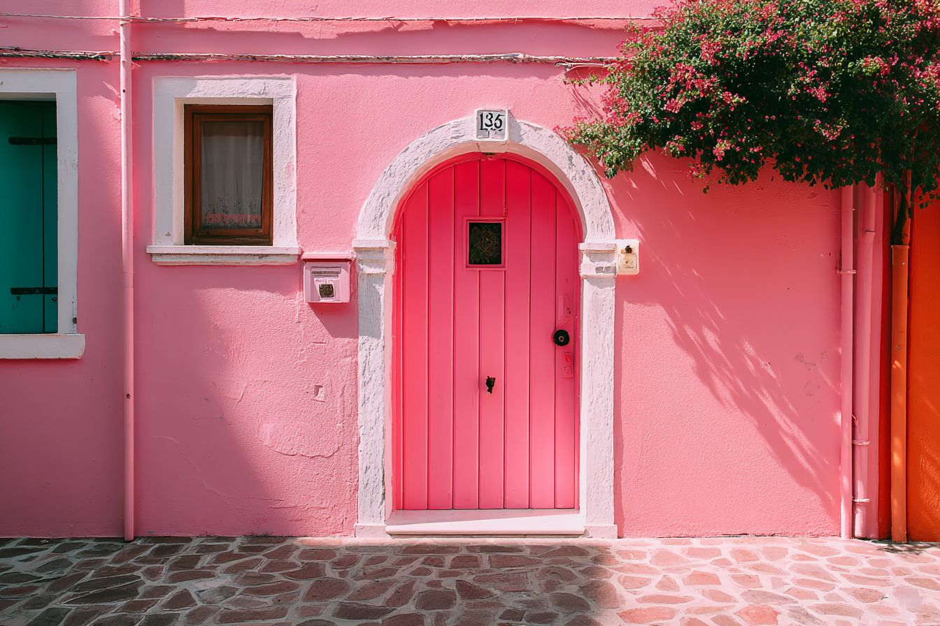 Lebendige Pinke Tür Architektur Mit Blaün Laden Oranger Wand Und Grüner Pflanze | Europa | Laender und Reisen