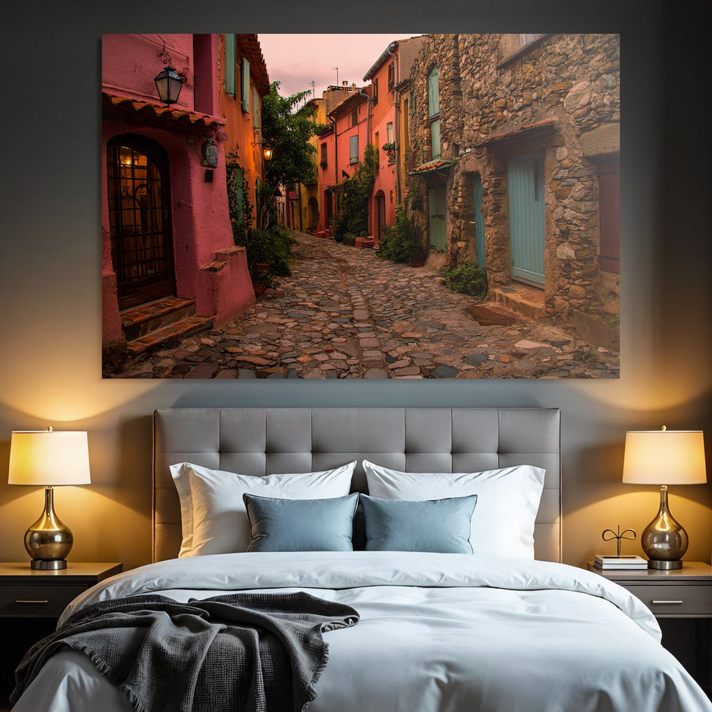 Malerische Gasse Mit Bunten Häusern Und Pflastersteinen Mediterranen Charme