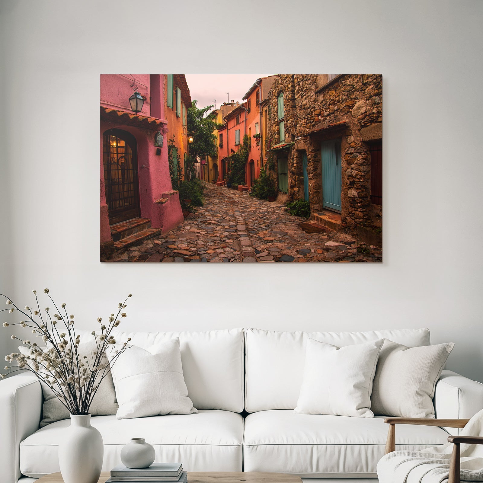 Malerische Gasse Mit Bunten Häusern Und Pflastersteinen Mediterranen Charme