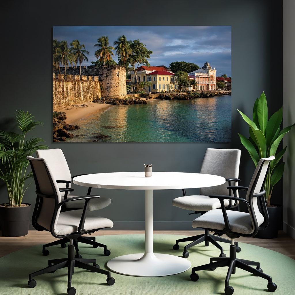 Caribbean island world: historic fortress on the coast with palm trees, colorful houses, and reflecting water